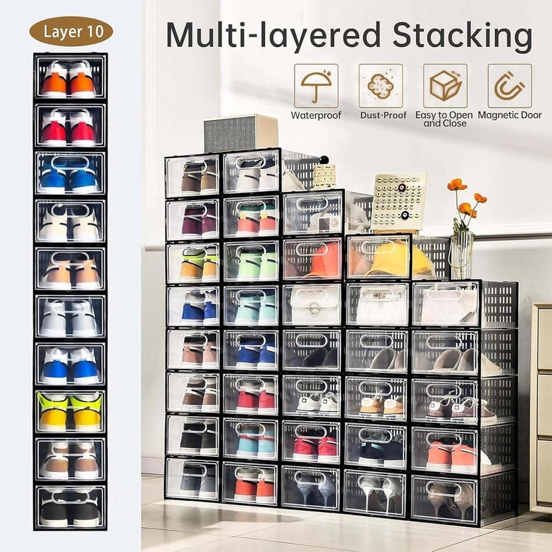 Clemate 15 Pack Shoe Storage Boxes, Clear Plastic Stackable Shoe Organizer for Closet, Shoe Box with Magnetic Door, Foldable Shoe Storage Bin, Sneaker Storage Box Shoe Rack Container Holder, Size 11 - Image 3